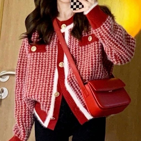 MODA ME COUTURE Sweaters - Classic Fuzzy Trim Button Front Cardigan red